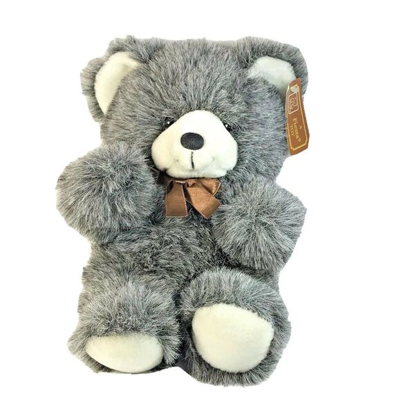 1998 FIESTA TOY Bear Vintage Huggable GRAY Brown Bow Stuffed Plush Animal 12" - Picture 1 of 6